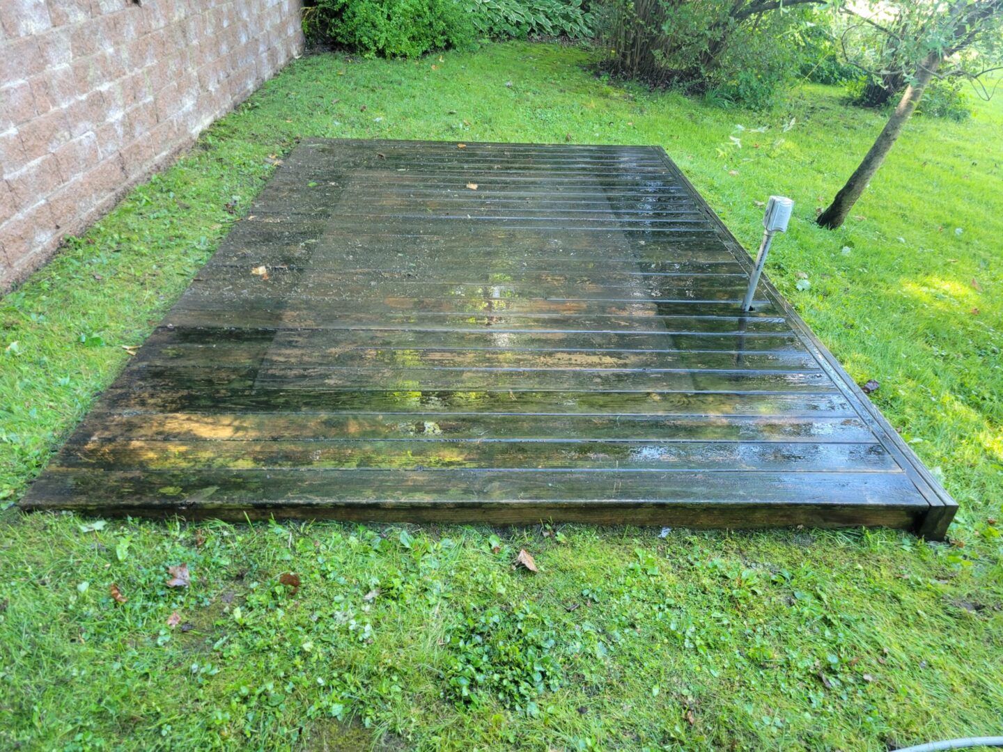 A wooden platform in the middle of a yard.