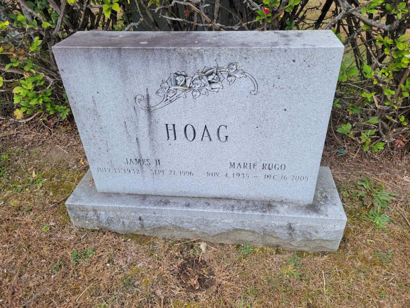 A grave marker for hoag in the cemetery.