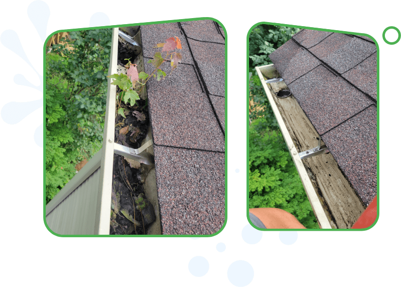 A collage of photos with gutter cleaning.